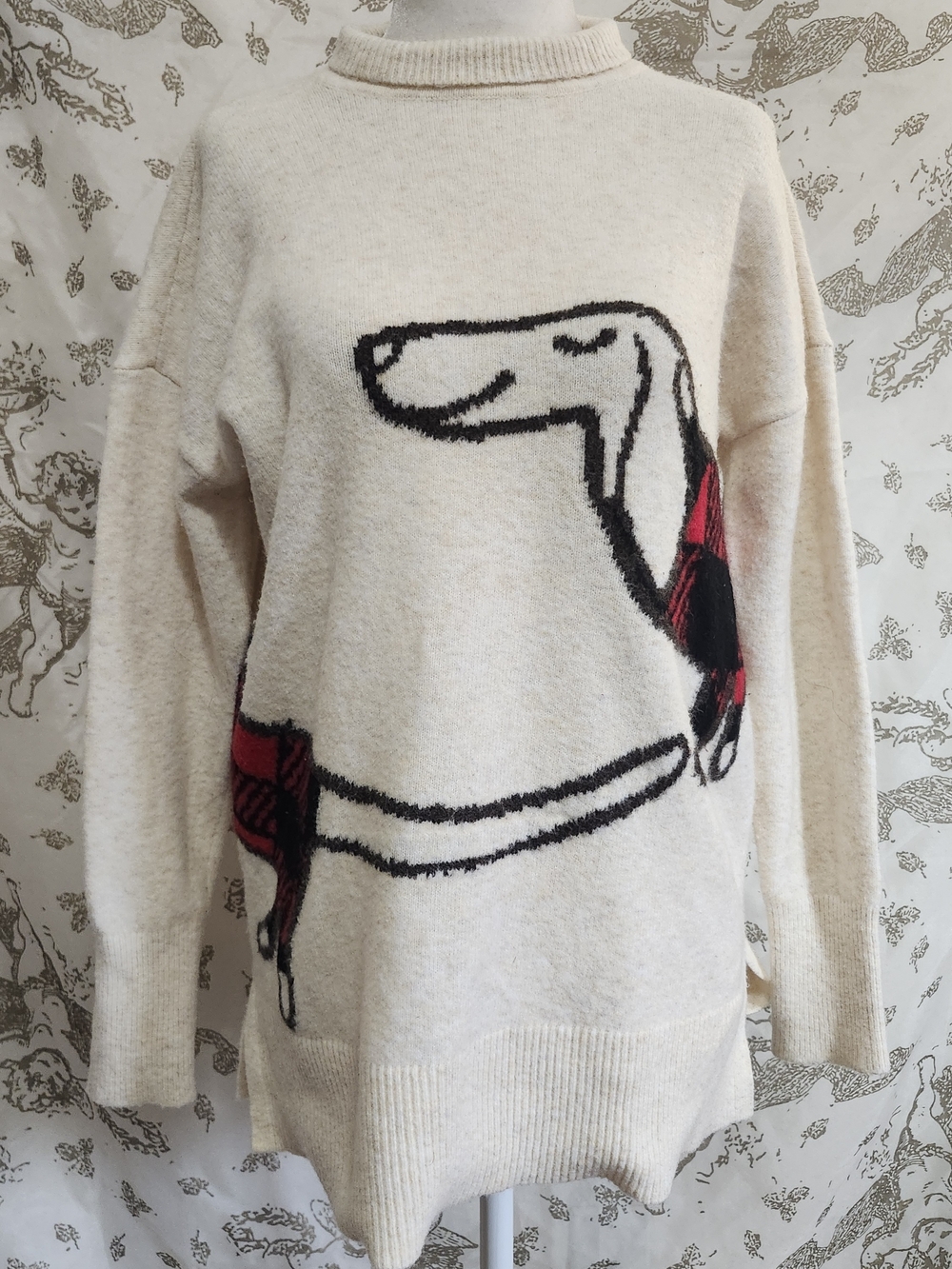 Buffalo Plaid Holiday Cream Wrap Around Daschund Sweater S